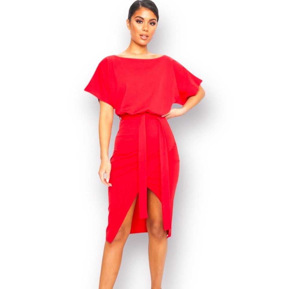 Pretty Little Thing Wrap Front Red Flutter Kimono Sleeve Midi Dress Size 8 NWT - Picture 1 of 16